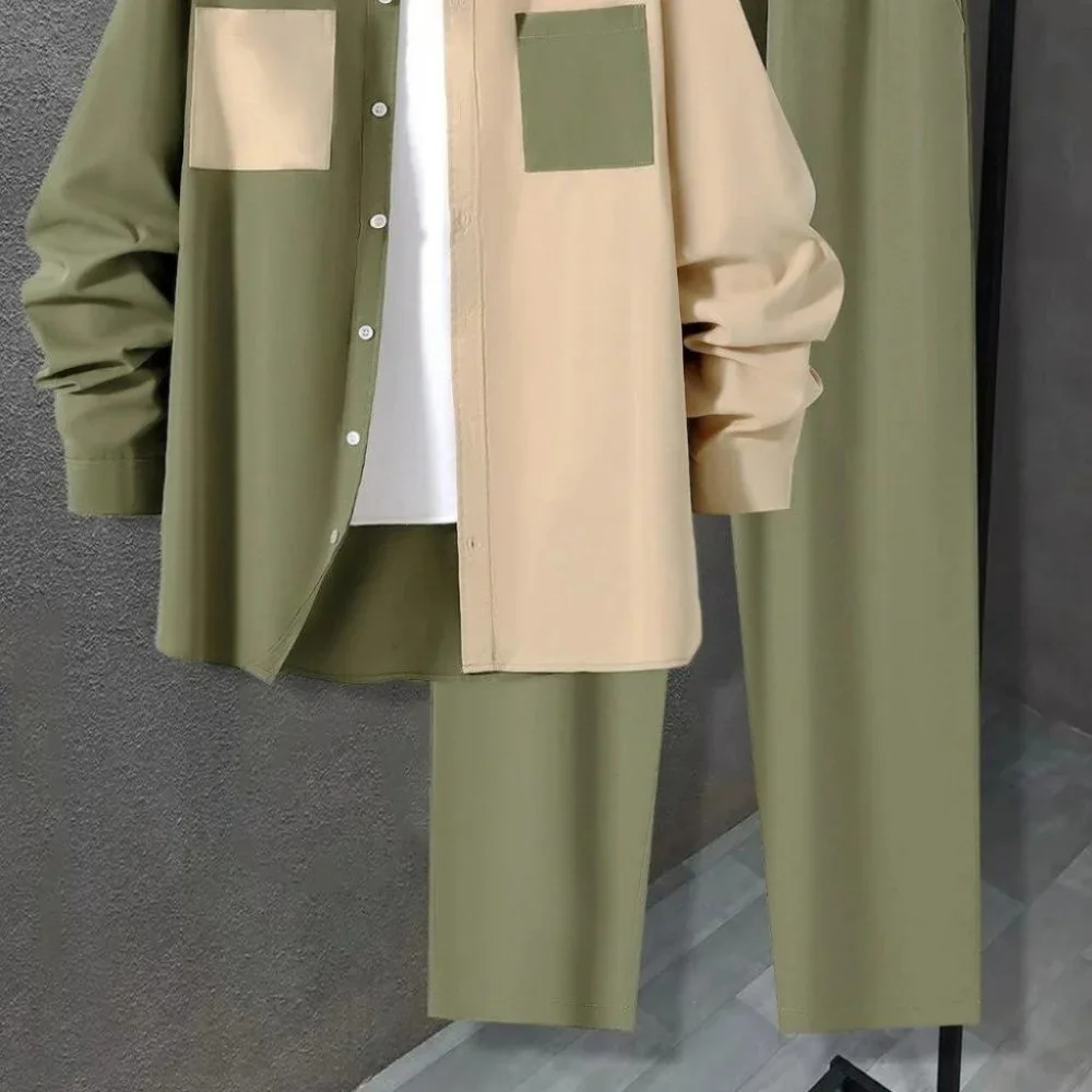Tan And Green Mens Shirt And Pants Set - Picture 2 of 7